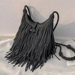 Double-Sided Tassel Design Women Crossbody Bags vintage Soft PU Leather female Shoulder Bag manual Weave messenger Sling bag