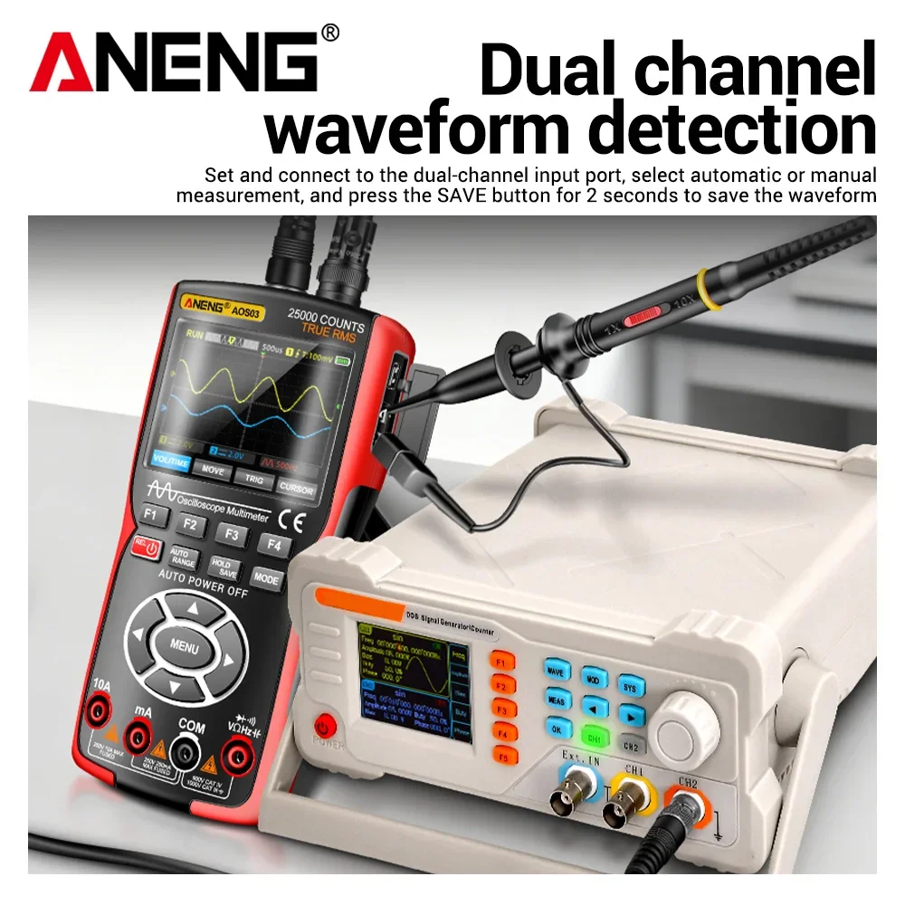 ANENG Digital Oscilloscope Multimeter 50MHz Bandwidth 280MSa/s Signal Generator Waveform Data Storage Dual Channel Tester AOS03