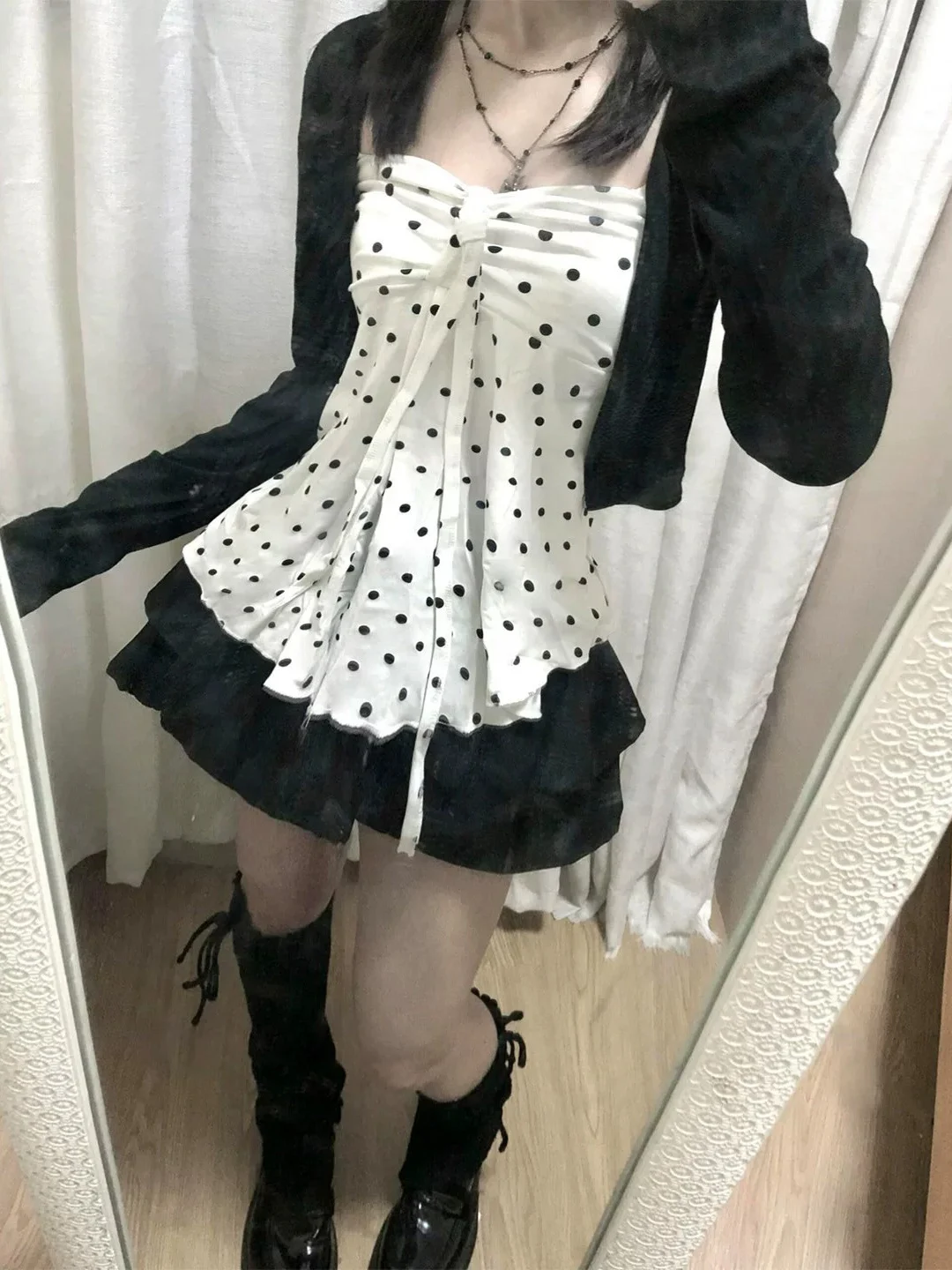 Hot Girl White Polka Dot Strap Vest Women's Inner Early Autumn Small Size Long Sleeve Open Cardigan Top Two Piece Set Casual ...