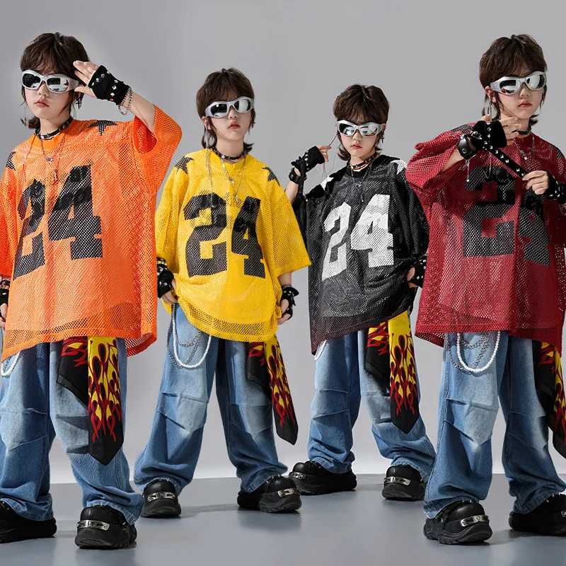 Children Boy Girl Mesh T-shirt Tank Pant Sets 3 Pieces Tracksuits Kids Team Hip Hop Stage Dance Clothes Performance Costume