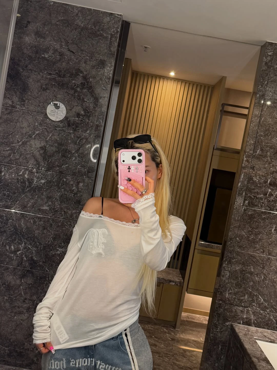 Lace Trim Long Sleeve T-Shirt Women's Sun Protection See through Cover up Top Low Cut round Neck One Shoulder Design
