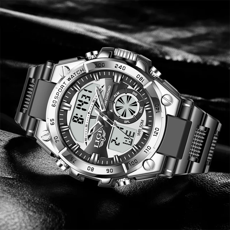 LIGE 2024 men\'s watch 50m waterproof sports quartz watch LED large dial digital dual display watch watches for men reloj hombre