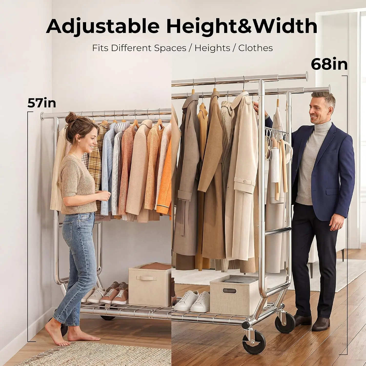 HOKEEPER Clothes Rack Heavy Duty Clothing Rack Load 650 LBS Collapsible Garment Rack with Wheels Double Rod Clothes Rack for Hanging Clothes Commercial Portable Closet Rack with Shelves 22