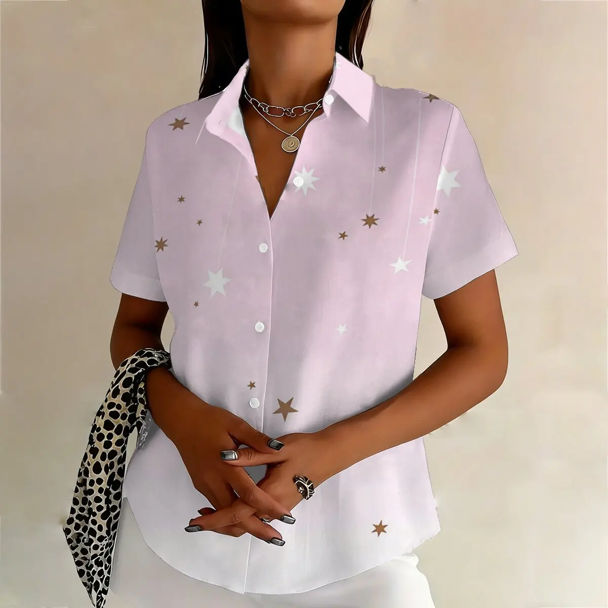 Simple and Personalized Star Gradient Printed Women's Summer Collar Short Sleeved Shirt, Fashionable Daily Versatile Top
