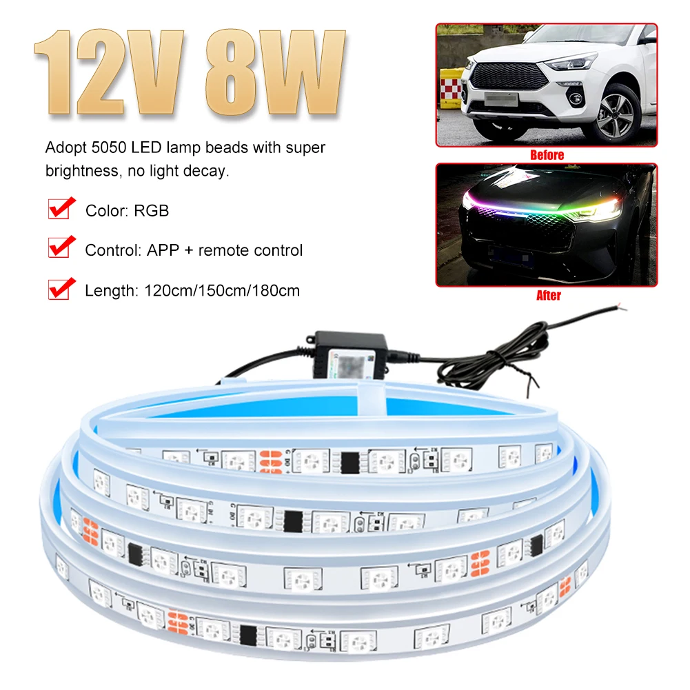 

1.8m Led Car Hood Light Strip Universal APP Remote Control Turn Signal Guide Thin Strip Lamp Car Daytime Running Light Auto Part