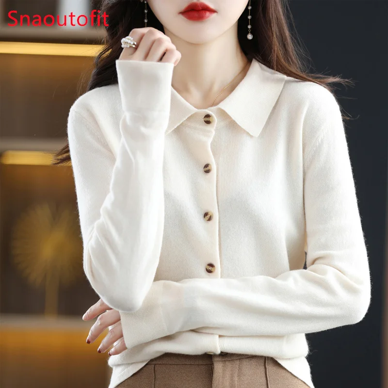 100% Merino Wool Cardigan Women\'s POLO Neck Knit Sweater Spring/Autumn Commuting Loose Top Soft Cashmere Sweater Office Formal