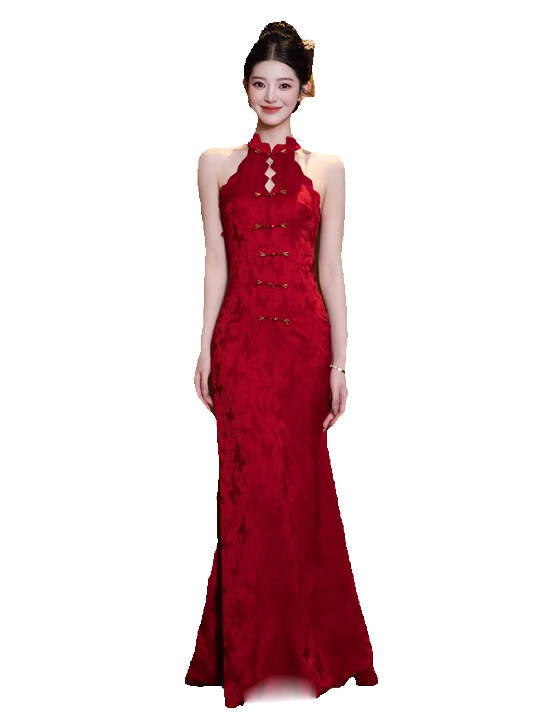 Hanging Neck Chinese Wine Red Cheongsam Bride Beautiful Engagement Improved Gown Girl Summer Party Evening Daily Dress FE051