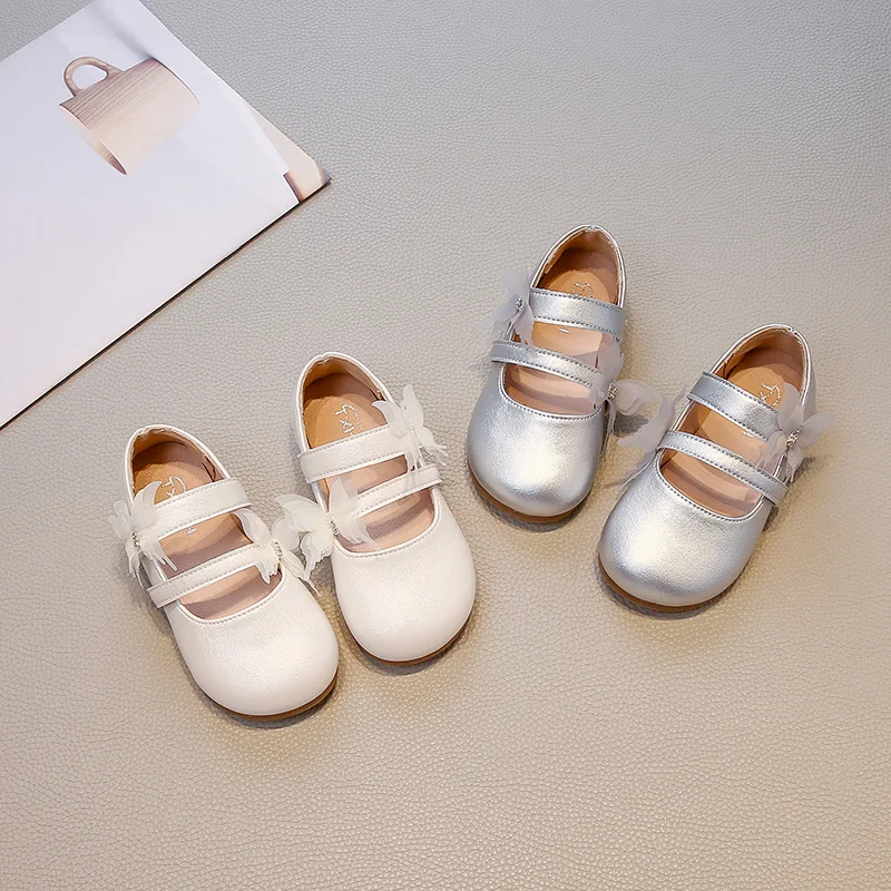 

Autumn Girl's Princess Shoes Butterfly Hook-loop Glossy Cute Kid's Flat Shoe Solid Colors Anti-slip Fashion Daily Children Shoe