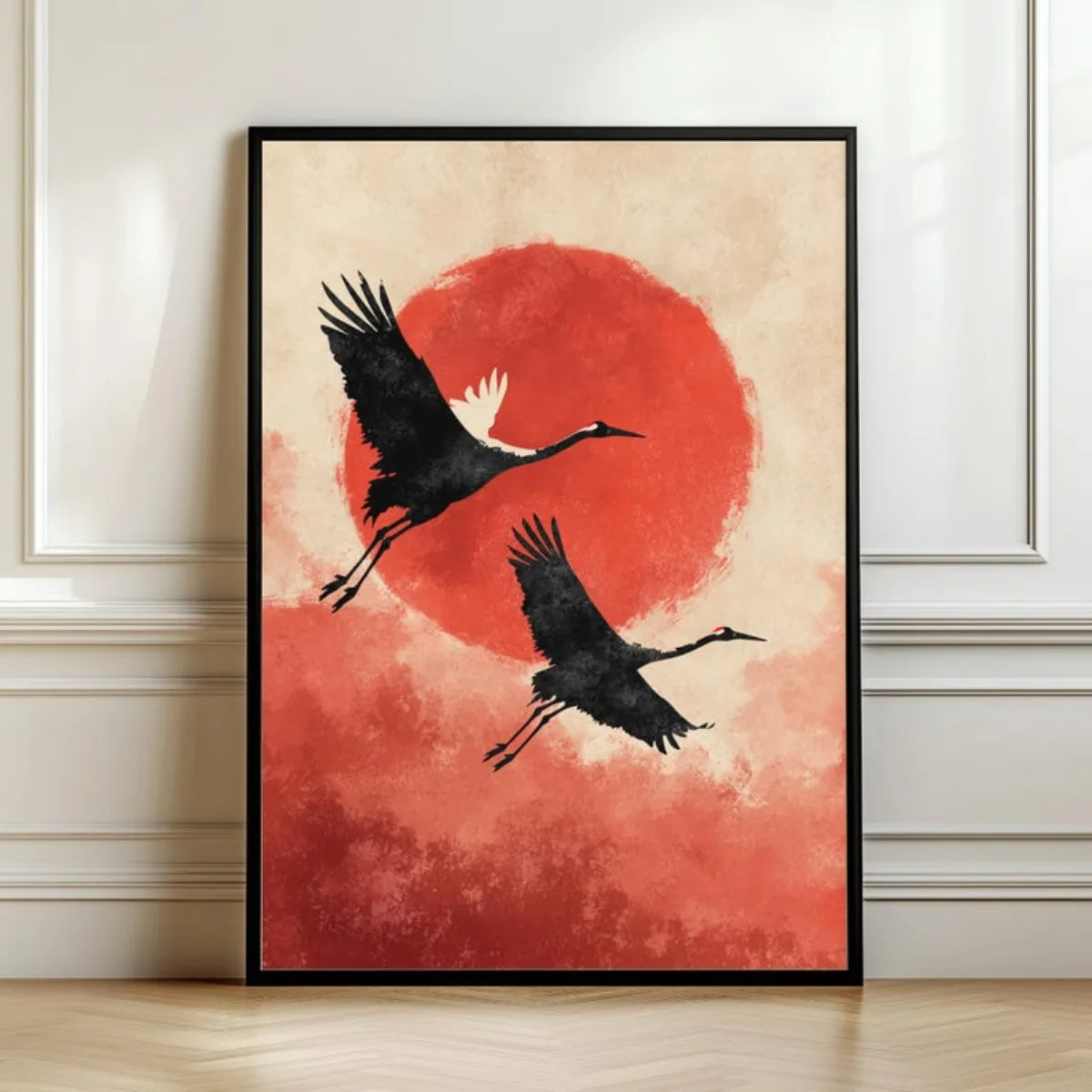 Japanese Red Sun Crane Canvas Print Poster Japandi Retro Animal Aesthetics Art Prints Living Room Zen Wall Art Home Decor Gifts