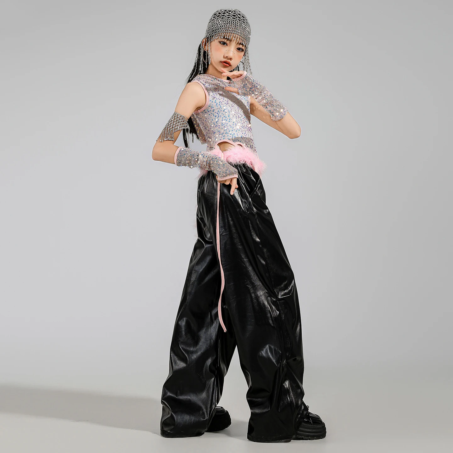 Sequin Jazz Dance Clothes Girls Pink Net Tops Leather Pants Hip Hop Kids Performance Costume Fashion Catwalk Kpop Outfits L16642