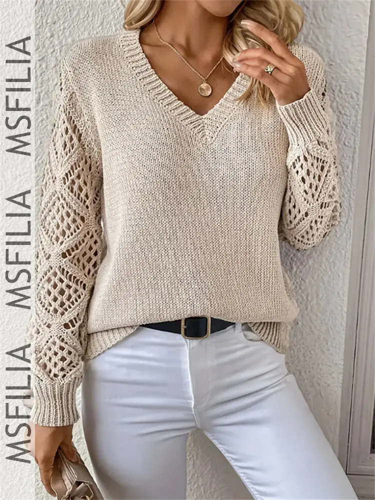 Msfilia Women's Fall/Winter Solid Color V-Neck Cutout Knit Top, Relaxed Casual Versatile Long Sleeve Sweater