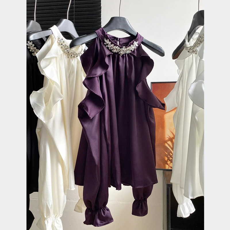 Camicette sexy in raso viola con spalle scoperte Camicette da donna con scollo all'americana in rilievo Manica lunga da donna Top da festa Camicia casual con volant alla moda coreana