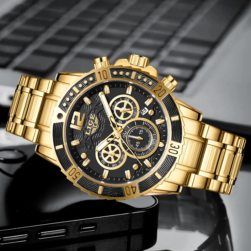 LIGE 2023 New Fashion Gold Watch For Men Casual Business Mens Watches Top Brand Luxury Chronograph Quartz Military Wristwatch