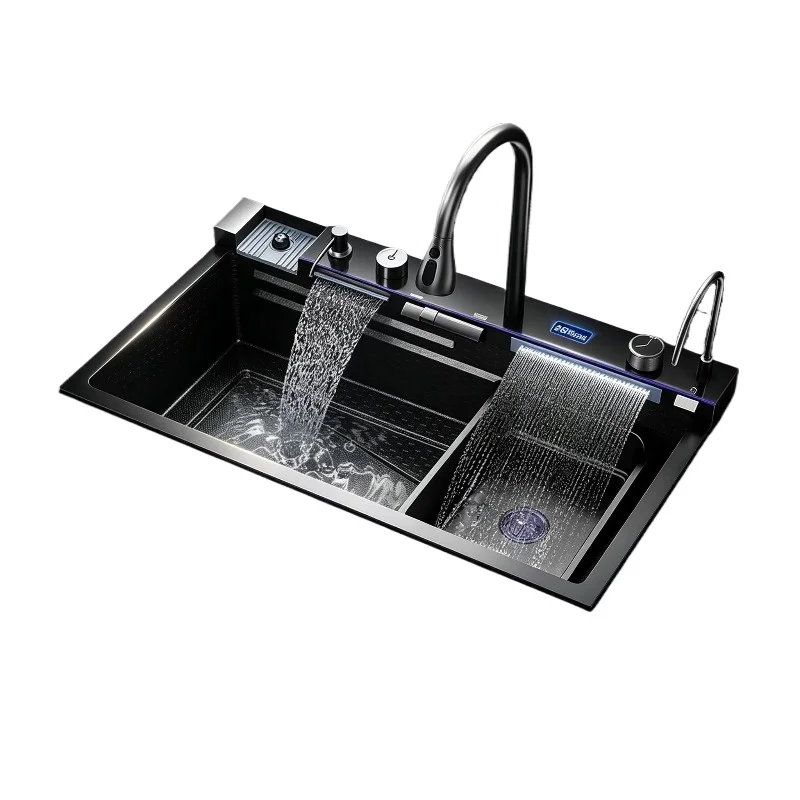 STLF Popular Large Single-bowl Multifunctional Modern Rectangular Kitchen Sink Counter Installation 304 Stainless Steel Waterfal