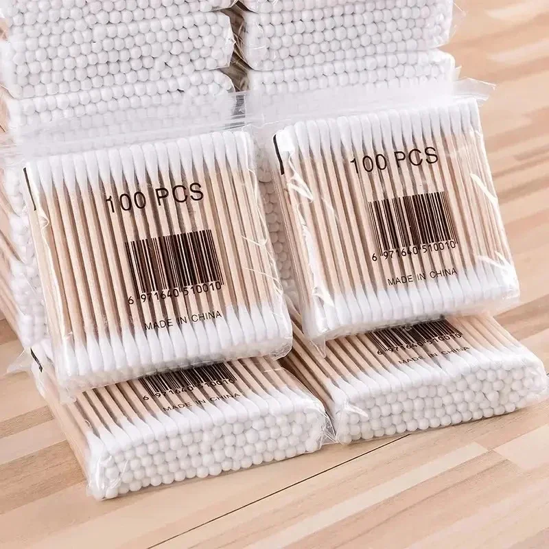 200PCS Wooden Double-Ended Cotton Swabs Make-Up Cleaning Disposable Cotton Swabs Medical Household Hygiene Ear Pulling