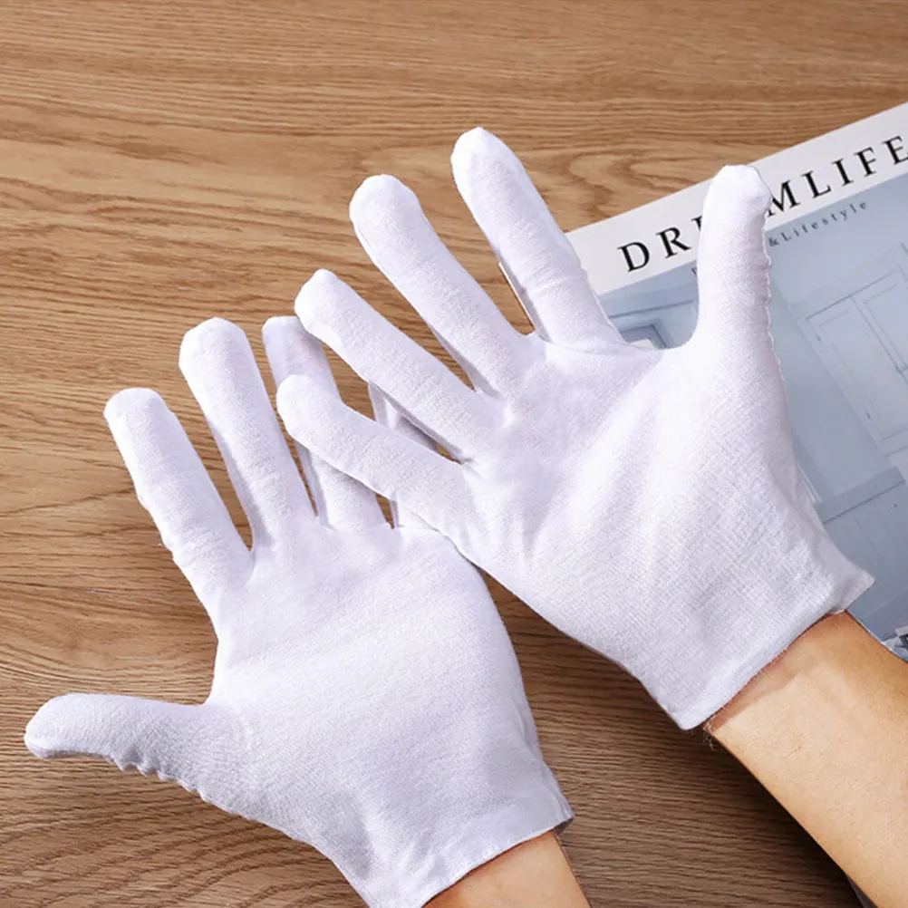 

12 пар белых хлопковых перчаток, удобные многоразовые защитные рабочие перчатки для проверки ювелирных изделий, серебряных монет, садоводства, уборки
