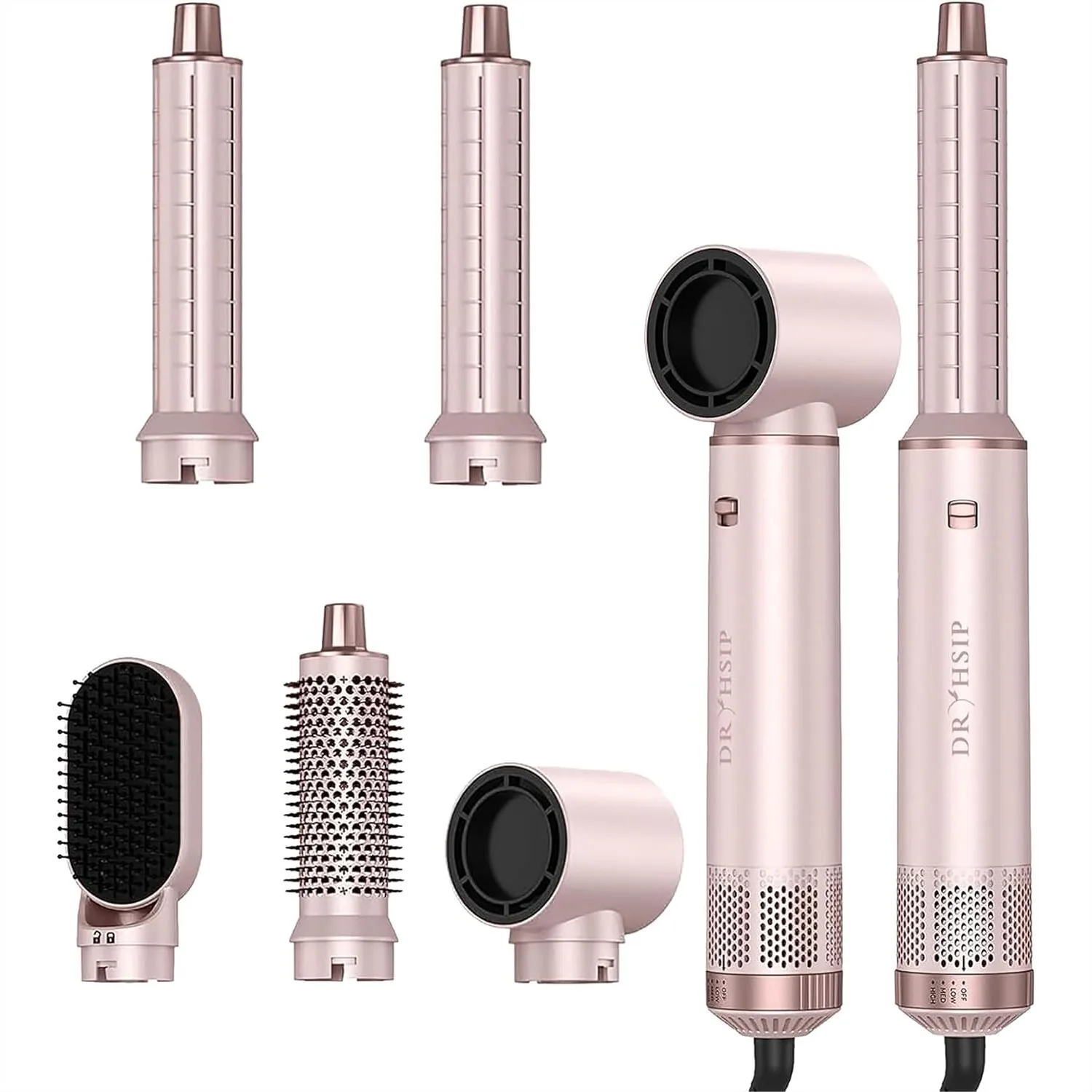 5 in 1 Hair Styler & Air Curler, Low-Speed Negative Ionic Hair Dryer Brush for Curling Volumizing Straightening Styling (Pink)