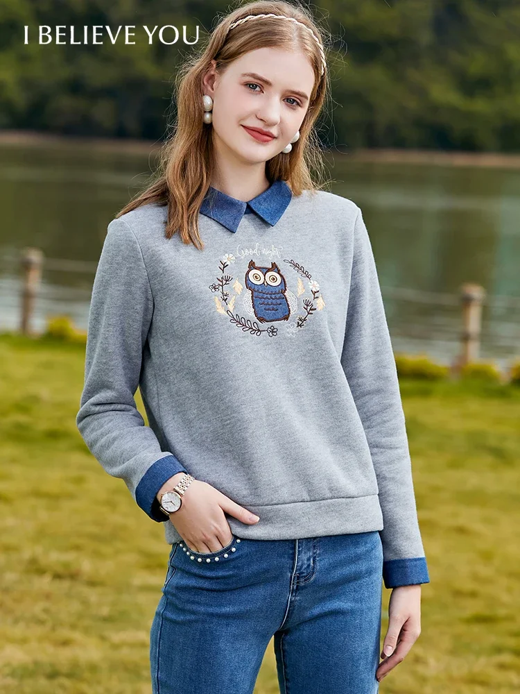 I BELIEVE YOU Fleece Hoodie for Women Autumn/Winter Warm Turndown Collar Pullover Sweatshirts Embroidery Thick Tops 2214194106