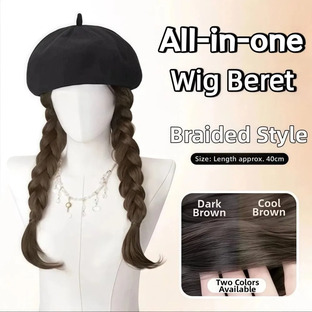 

Fashionable Long Curling Hair Wig Hat Braided Design Detachable Wig Beret Lifelike All-in-one Double Braid Wig Cap Women