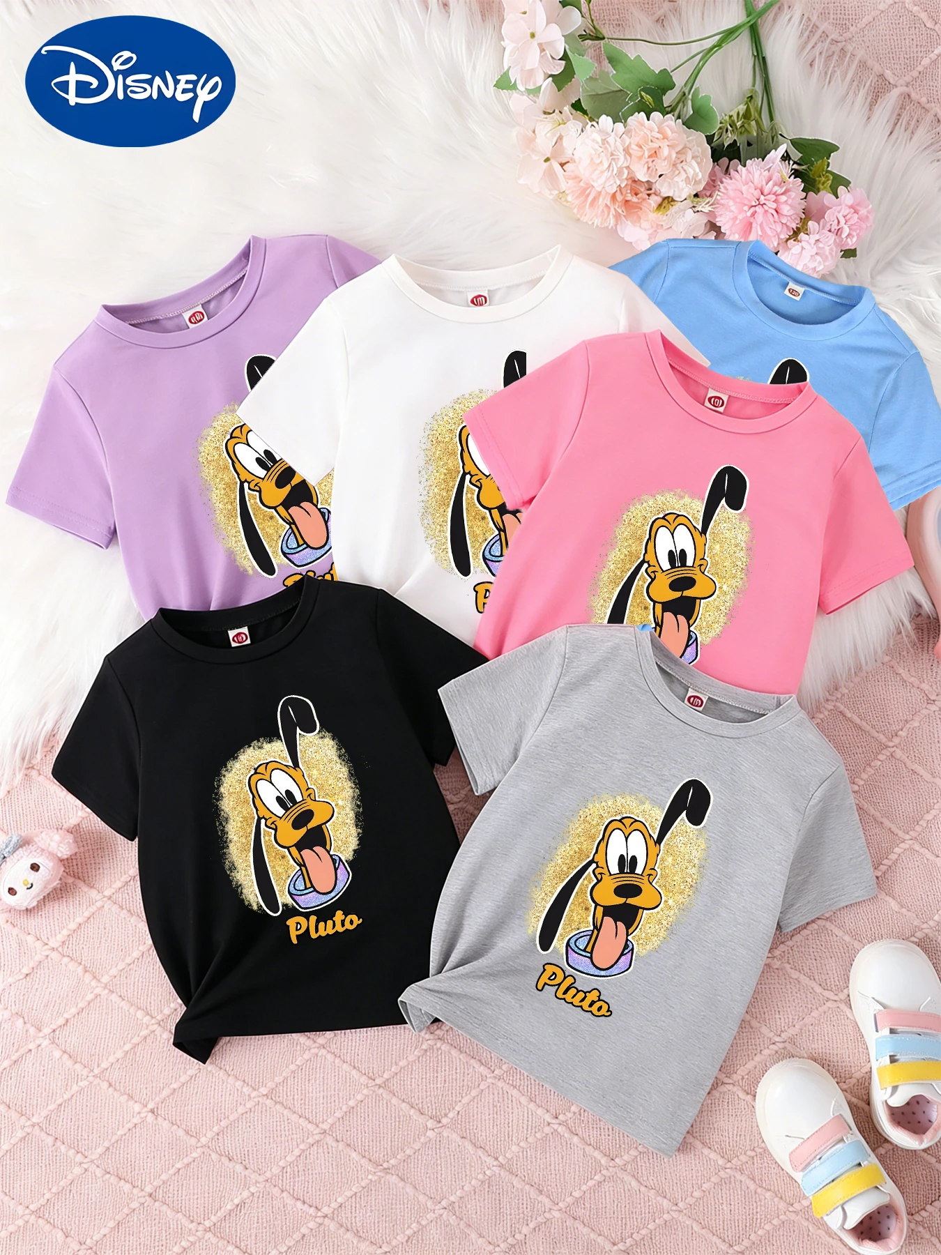 

Футболка с блестящим мультяшным принтом Disney Pluto для мальчиков и девочек, милый, забавный, мягкий и приятный для кожи топ.