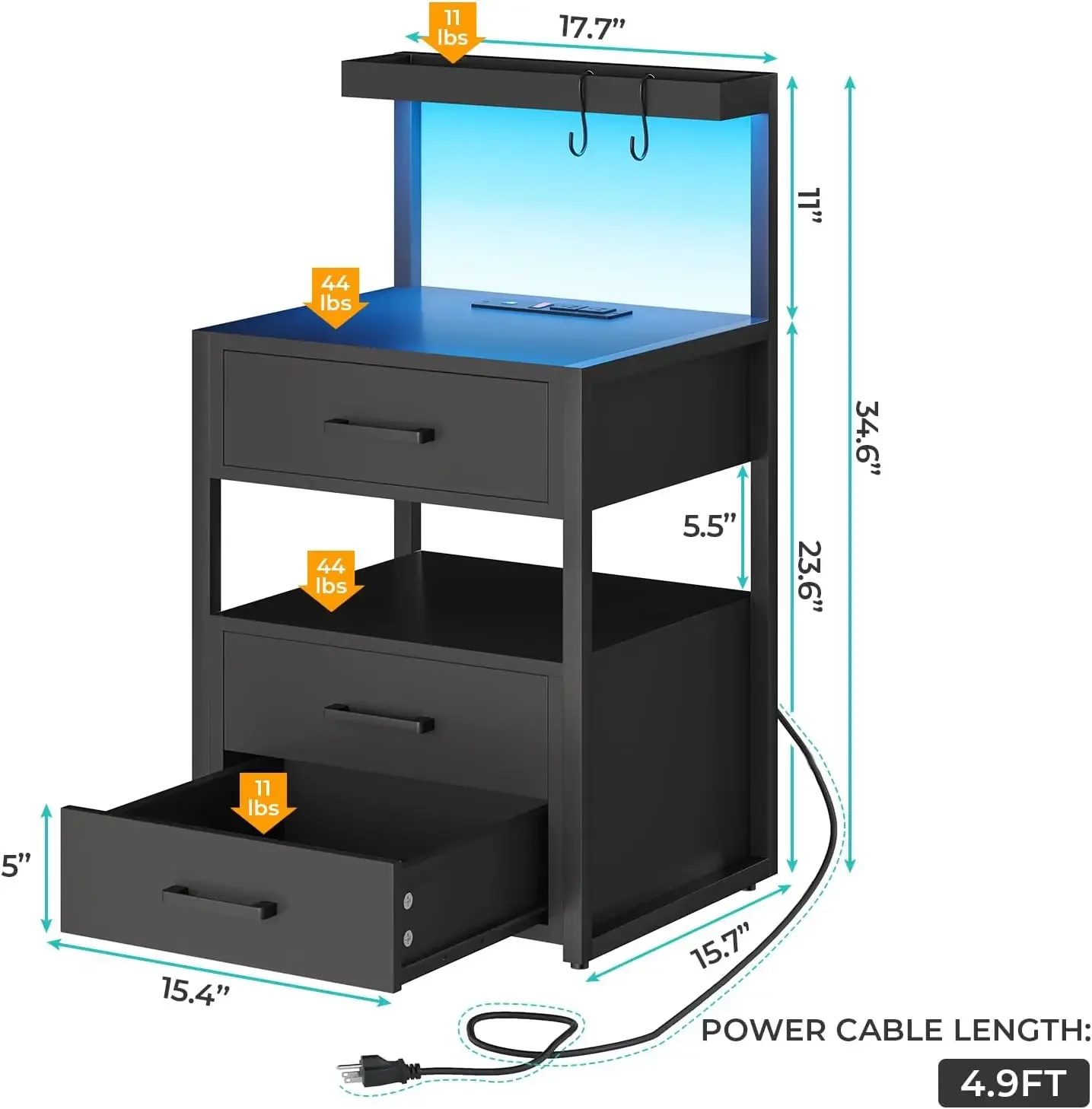 Table de chevet LED avec station de charge, tables de chevet noires avec étagères de rangement, 3 tables de chevet à proximité avec lumières LED