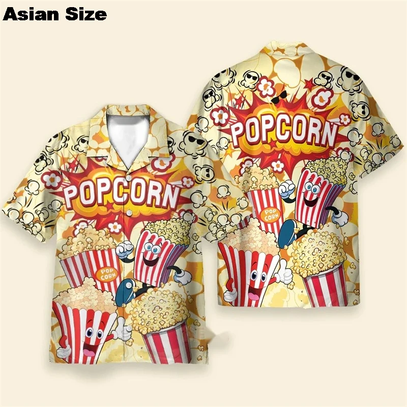 New Popcorn Graphic Female Blouses Funny Snack Puffed Rice Shirts For Men Kawaii Hawaii Beach Shirt Cartoon Lapel Blouse Tops