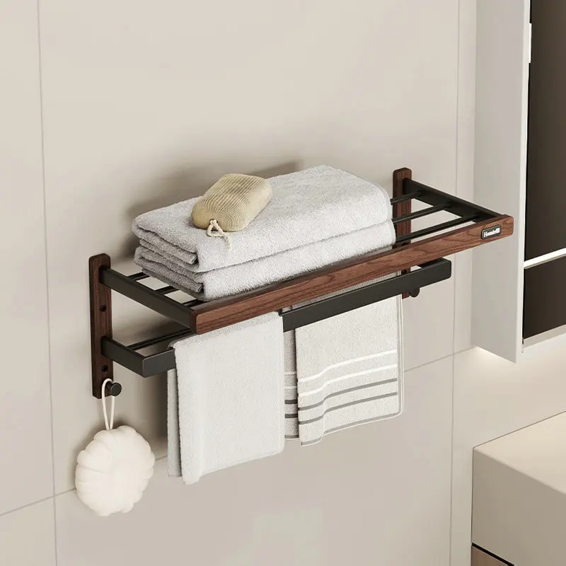 Light luxury North American black walnut bathroom towel rack, no-drill installation towel rack, 60CM wall mounted bathroom shelf