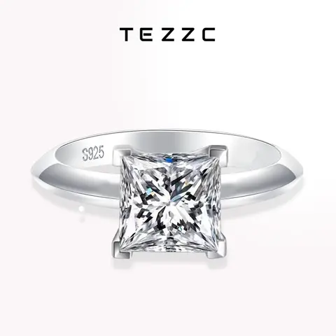 Tezzc 1ct 2ct 공주 컷 Moissanite 실험실 다이아몬드 반지 여성을위한 925 스털링 실버 패스 다이아몬드 테스트 밴드 파티 결혼 반지