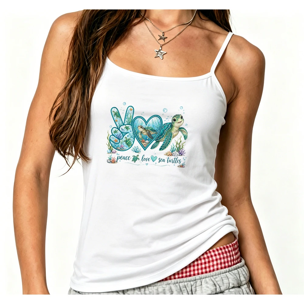 Retro Hippie Style Camisole Women Summer Detailed Illustration Tank Top Sea Turtle Theme Sleeveless Vest Streetwear