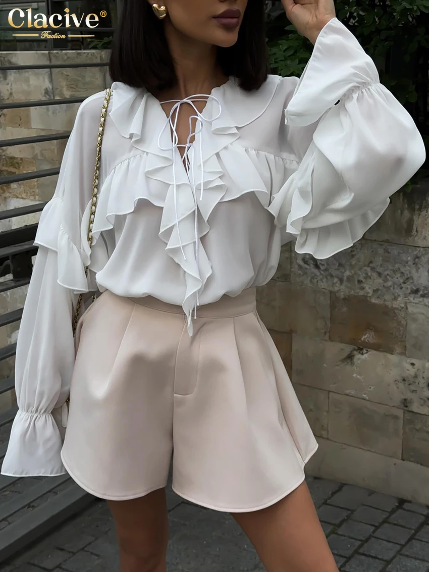 Clacive Mode Losse Witte Vrouwen Shirt 2025, Sexy V-hals Lange Mouwen Elegante Klassieke Ruche Solid Tops Vrouwelijke Kleding