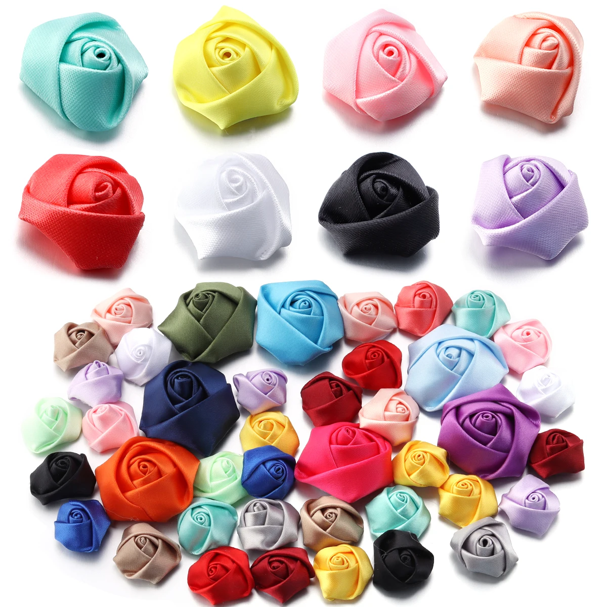 20pcs Satin Fabric Rose Flowers Colorful Handmade Satin Ribbon Flower Bud For DIY Wedding Party Clothing Headwear Decor Supplies