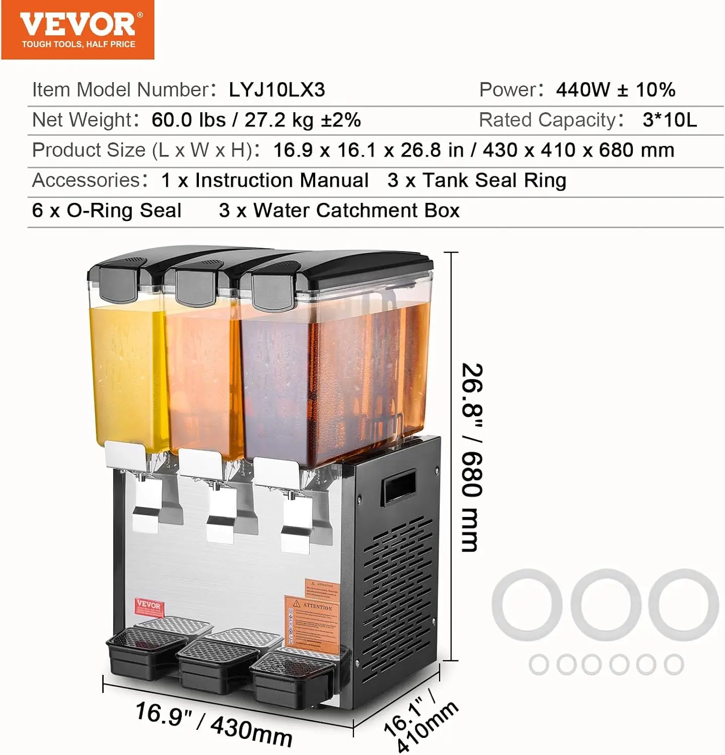 Commercial Beverage Dispenser, 3 Tanks Juice Dispenser, 10 L / 10.6 QT Per Tank, 440W Stainless Steel Ice Tea Drink Machine with