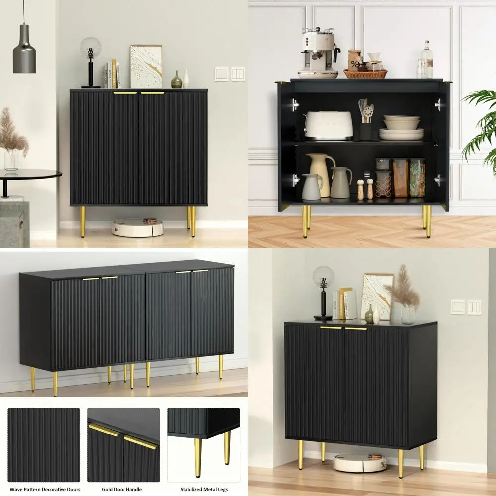 بوفيه خزانة جانبية من الخشب الأسود الأنيق مع أرفف قابلة للتعديل ولمسات معدنية ذهبية #1