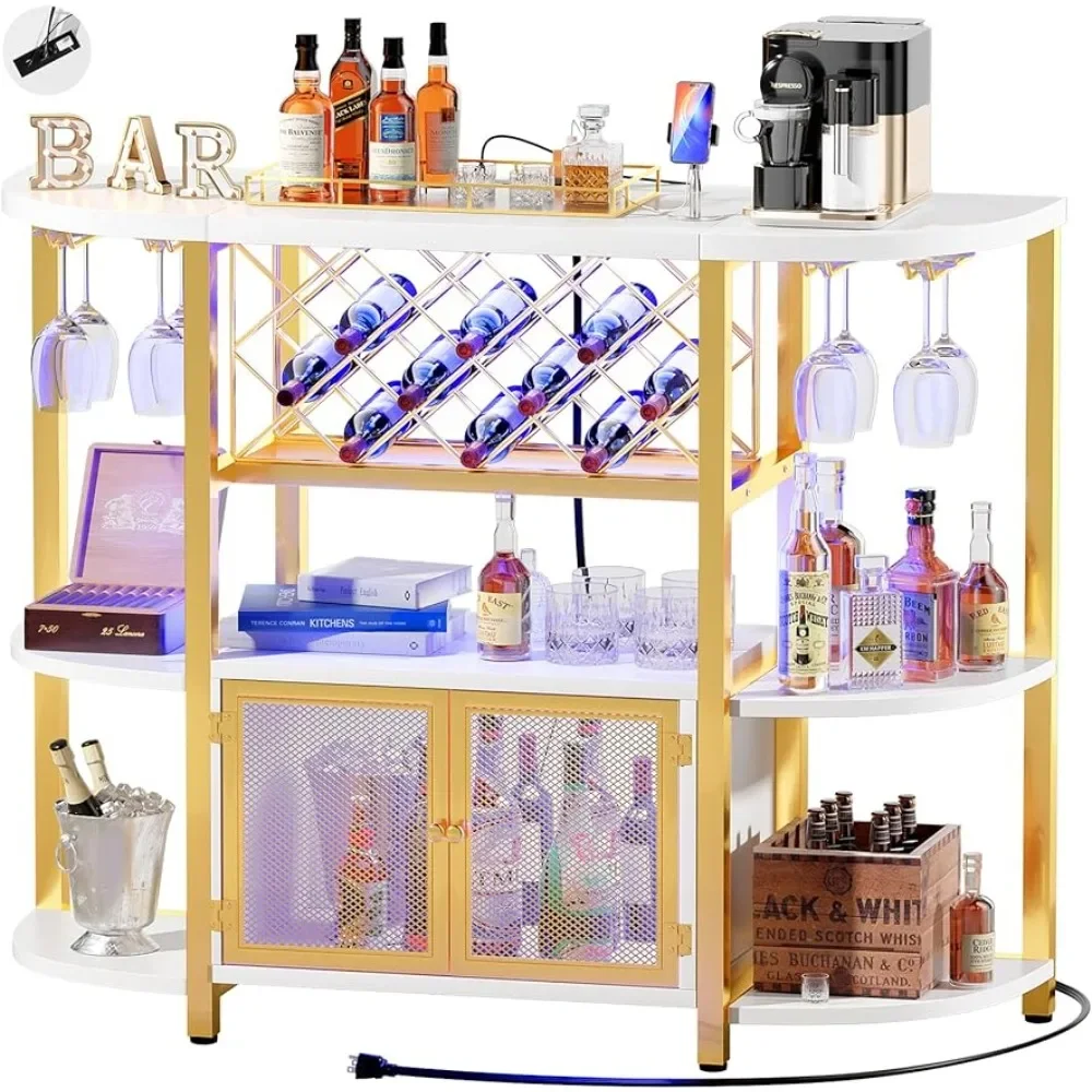 

Bottle Wine Holder Stand Wine Cabinet With Outlet White Gold Liquor Bar With LED Light Coffee Bar Cabinet for Liquor and Glass