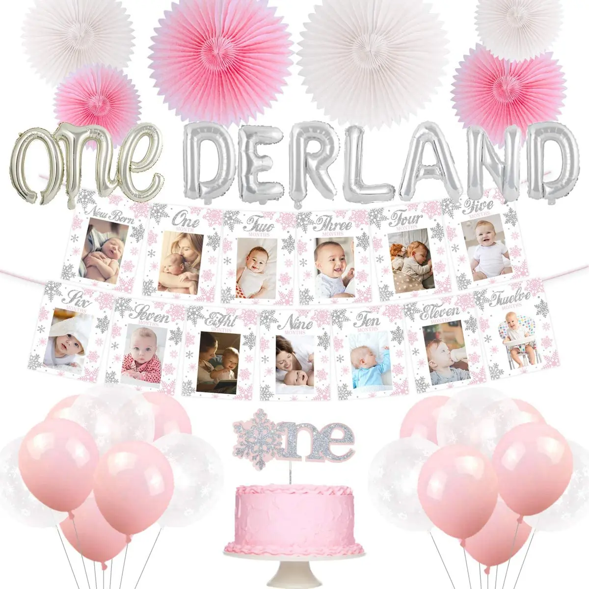 

Winter Onederland 1st Birthday Decorations for Girl Pink Wonderland First Birthday Party Supplies Snowflake Photo Banner Balloon