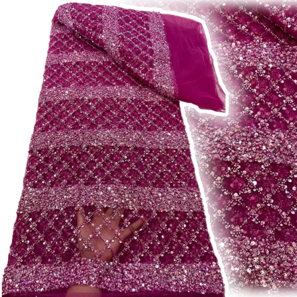 Embroidery Net Dress - Hot Pink African Nigerian High-Quality Sequins