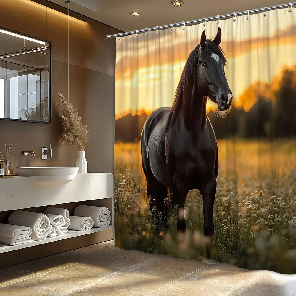 Black Horse Shower Curtain Sunset Meadow Print Waterproof Fabric Bathroom Curtains with Hooks Wild Animal Home Decor