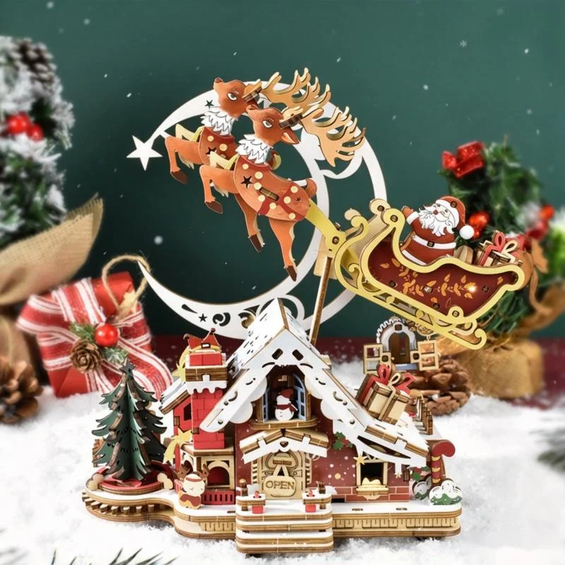 DIY Wooden 3D Puzzle Illuminated House Model Building Kit Christmas Santa Sleigh Craft Educational Toy For Birthday Gift