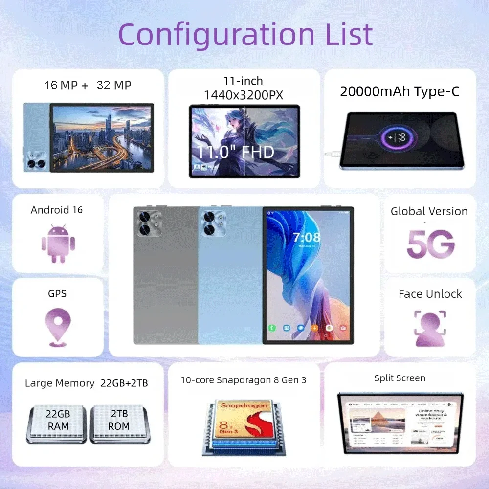 تابلت جديد 2025 P90 Pro مقاس 11 بوصة 22 جيجابايت + 2 تيرا بايت أندرويد 16 سنابدراجون 8gen3 تابلت للتعرف على الوجه 20000 مللي أمبير في الساعة 5G بشريحتين