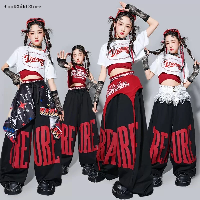 Girls Hip Hop Crop Top Loose Street Dance Letters Pants Children K-pop Streetwear Girl Group Clothes Set Kids Jazz Stage Costume