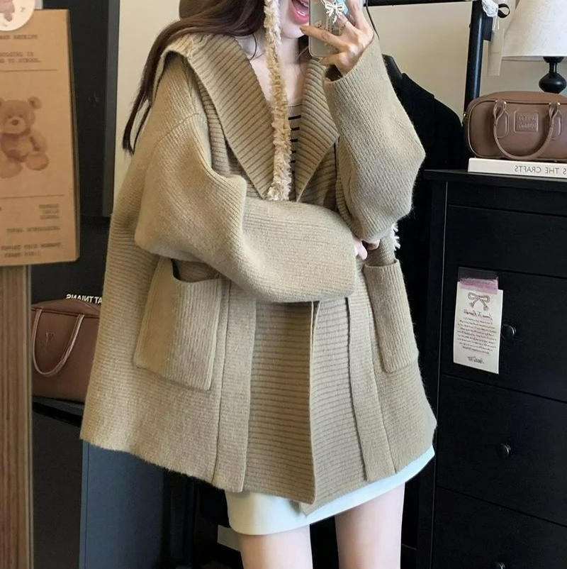 Lazy Style Hooded Long Sleeve Knitwear Autumn Winter Slimming Casual Cardigan