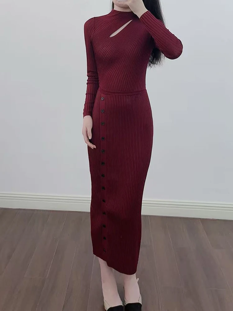 Elegante abito in maglia traforata con ritagli sulle spalle, bordeaux, elegante e sexy, elastico, vestibilità slim, maniche lunghe, abito da donna