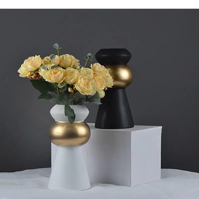 Ceramic Vase Matte Black and White Golden Geometry Abstract Flower Arrangement Accessories Modern Home Decoration