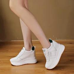Genuine Leather Shoes Woman Fashion Sneakers Flat Platform Shoes Ladies Flats Heigh Increasing 9cm White Shoes DX142