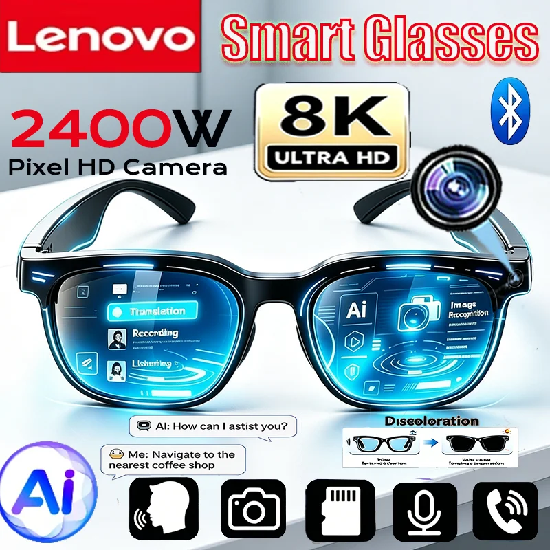 Lunettes intelligentes Lenovo AI 8K 2400MP avec traduction, enregistrement, écoute de musique, conversation Bluetooth, lunettes de soleil intelligentes pour hommes et femmes