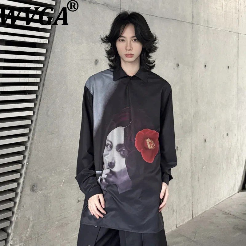 WVGA Spring Autumn New Men Printed Artistic Dark Style Trendy Long Sleeved Shirts Niche Chic Casual Turn-Down Collar Tops W20999