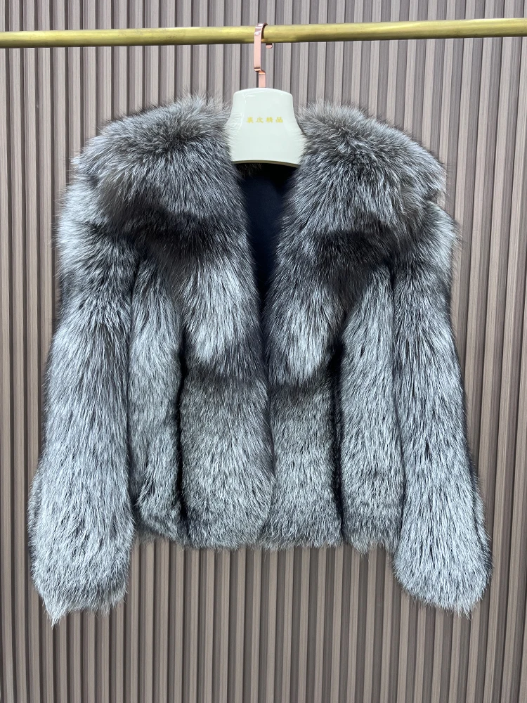Women New Fashion Real Silver Fox Fur Jacket Full Pelt Fluffy Fur Luxury Natural Red Fox Coats Overcoat Long Sleeve