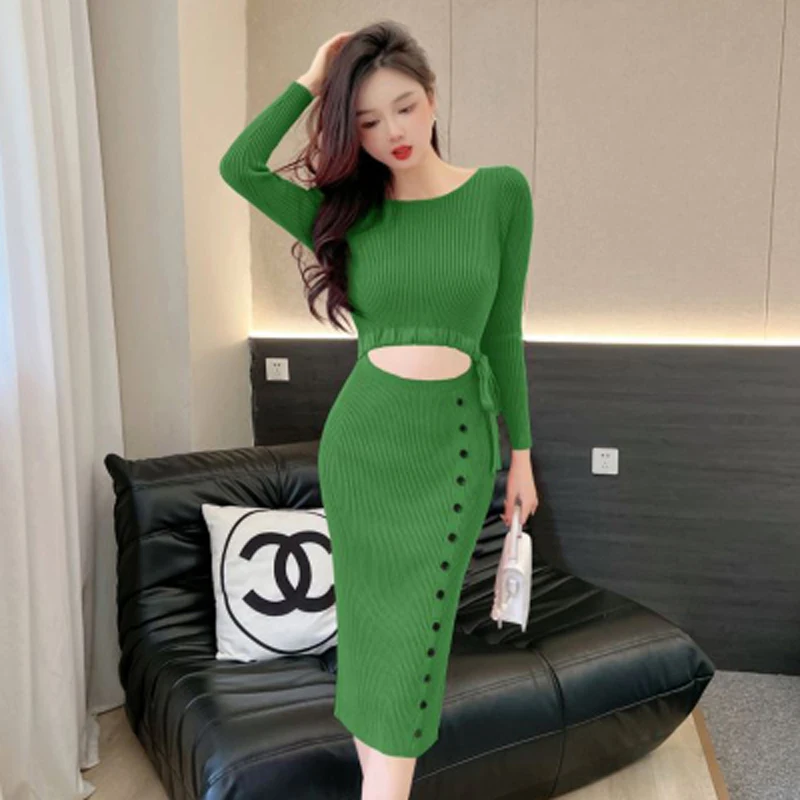 Fall/Winter 2024 New French Drawstring Leaky Waist Knit Dress Temperament Slim Fit Fashion Celebrity Button Sexy Slit Skirt