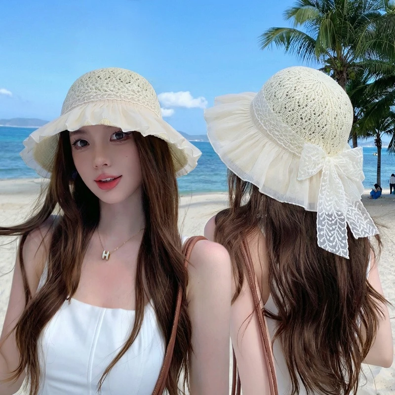 New Women Wide Large Brim Beach Sun Hats Womens Summer Straw Hat Foldable Sun Hat Chapeau Femme Beach UV Protection Bucket Cap