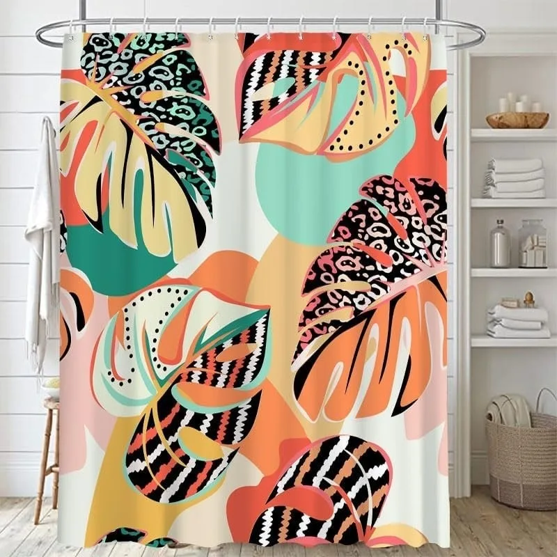 Bohemian Tropical Monstera Leaf Print Shower Curtain No Drilling Bathroom Decor Waterproof Fabric Curtain with 12 Hooks